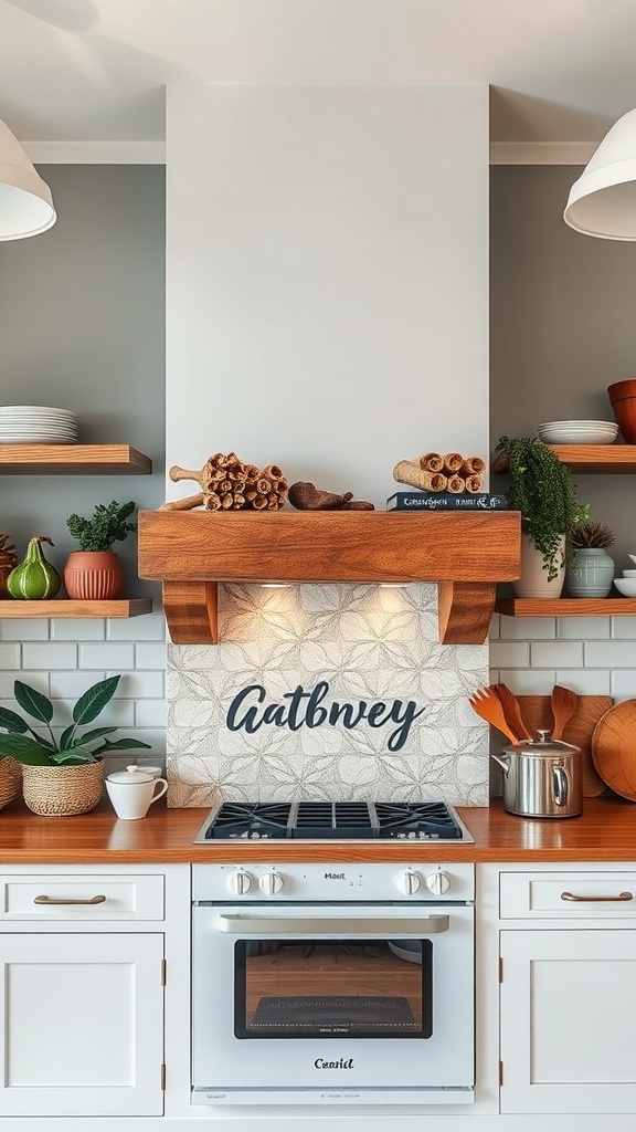 A modern kitchen with an artistic chimney design featuring a wooden shelf and patterned backsplash.