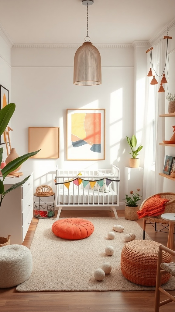 A cozy baby boy nursery featuring colorful decor, a crib, and playful accessories.