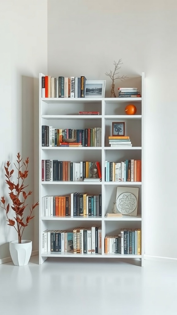 A modern white corner bookshelf filled with books and decorative items.