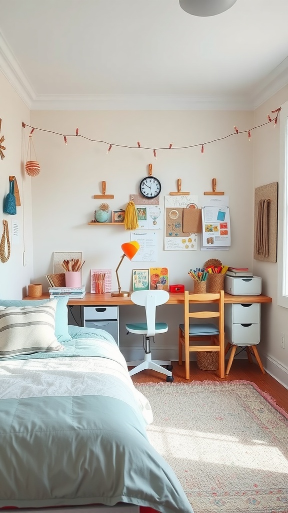 A well-organized artistic craft station in a tween girl's bedroom featuring a desk, art supplies, and displayed artwork.
