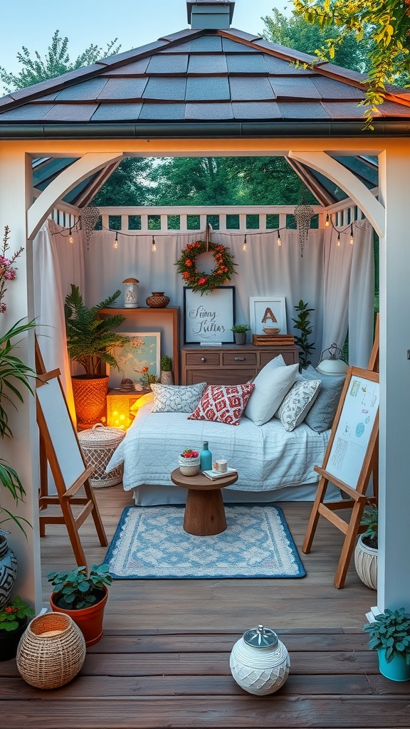 A cozy gazebo with a bed, easels, and plants, creating an artistic crafting corner.