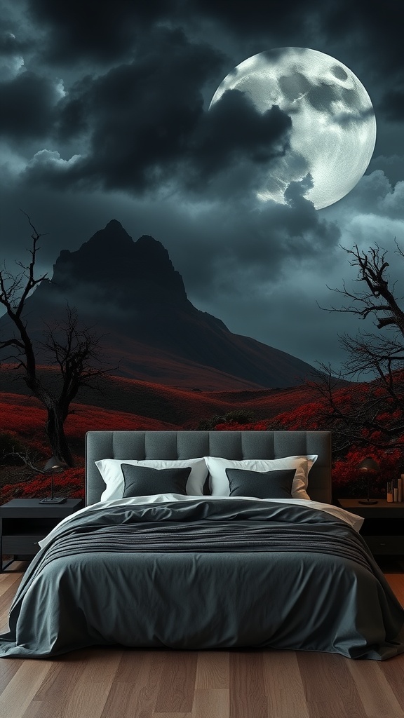 A goth bedroom featuring a dark mural of a moonlit landscape with mountains and red foliage.
