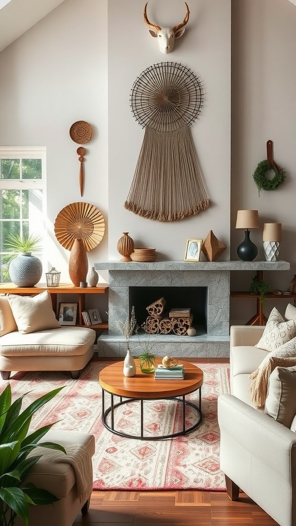 A cozy family room with artistic decor featuring a mounted skull, woven wall art, and various decorative elements on shelves.