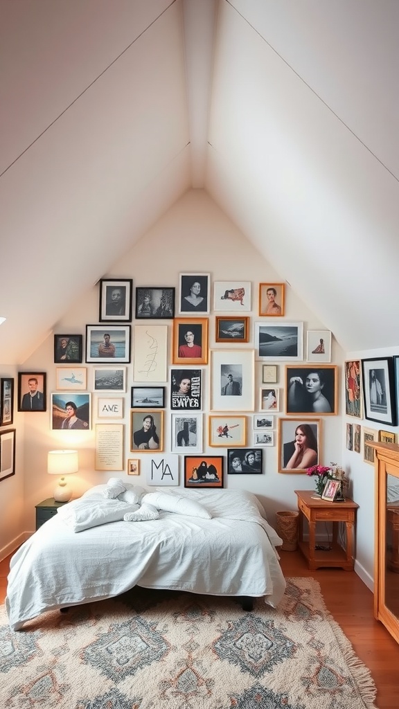 An attic bedroom featuring a wall filled with framed photos and artwork, a cozy bed, and warm lighting.