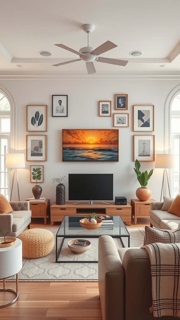 A cozy living room with a TV surrounded by framed artwork and plants, featuring comfortable seating and warm decor.
