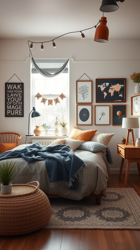 A cozy baddie room with a bed, decorative pillows, wall art, and warm lighting.