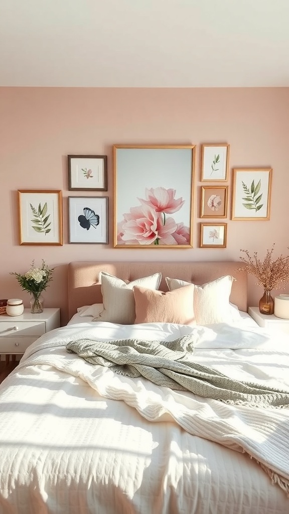 A cozy bedroom with dusty rose walls and artistic wall decor featuring floral and nature-themed framed artwork.