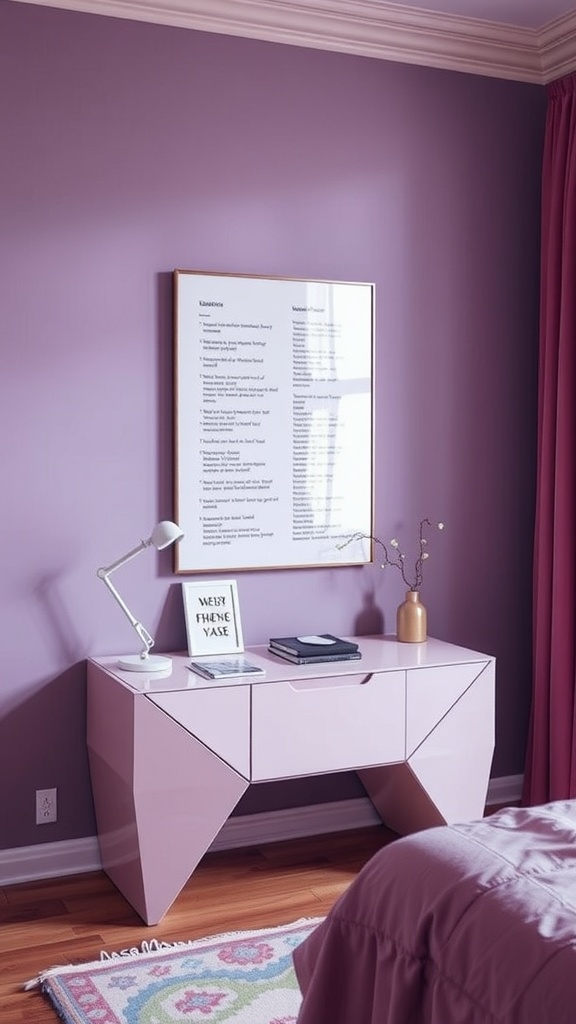 A modern dressing table with a unique geometric design, set against a purple wall