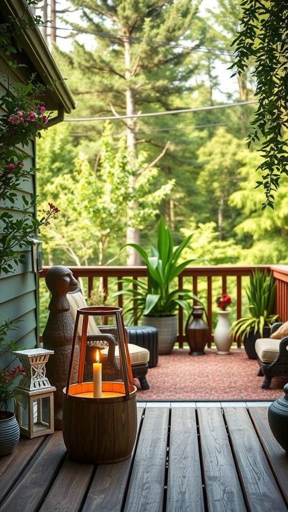 A cozy backyard deck featuring a candle lantern, sculptures, and various plants.