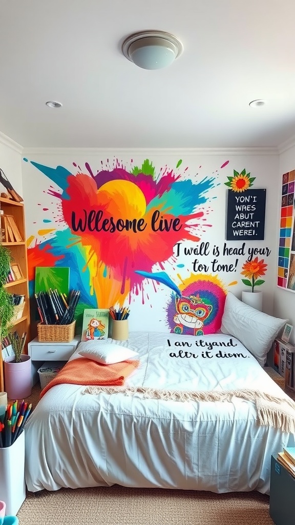 A colorful and artistic teen girl bedroom featuring a vibrant mural and organized art supplies.