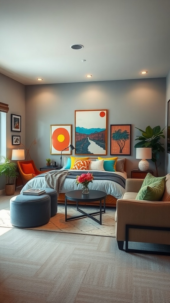 A stylish basement bedroom featuring vibrant artwork, cozy bedding, and modern furniture.