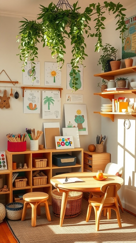 A bright and cheerful Montessori toddler room with artistic supplies and children's artwork on display.