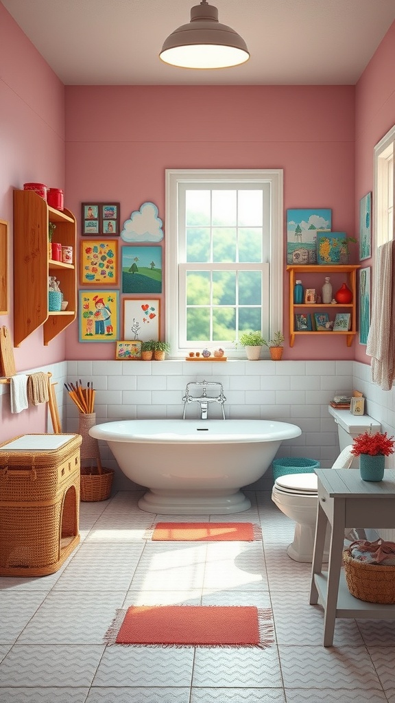 A bright and artistic bathroom with pink walls, colorful artwork, and a freestanding bathtub.