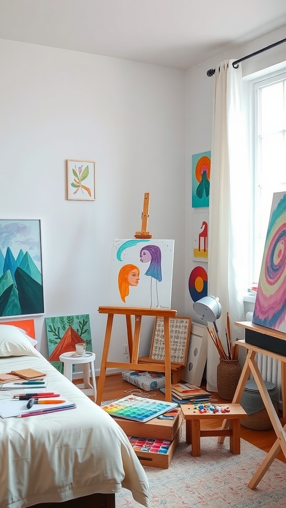 Artistic bedroom corner with easel, colorful paintings, and art supplies