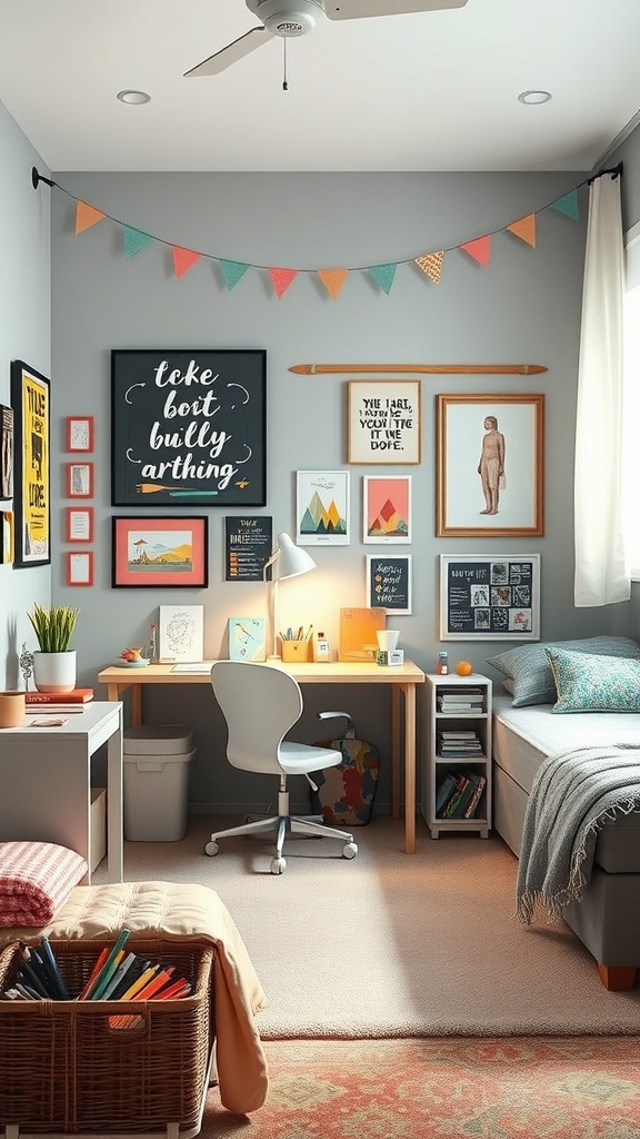 A stylish teen bedroom with colorful artwork, a desk, and cozy bedding.