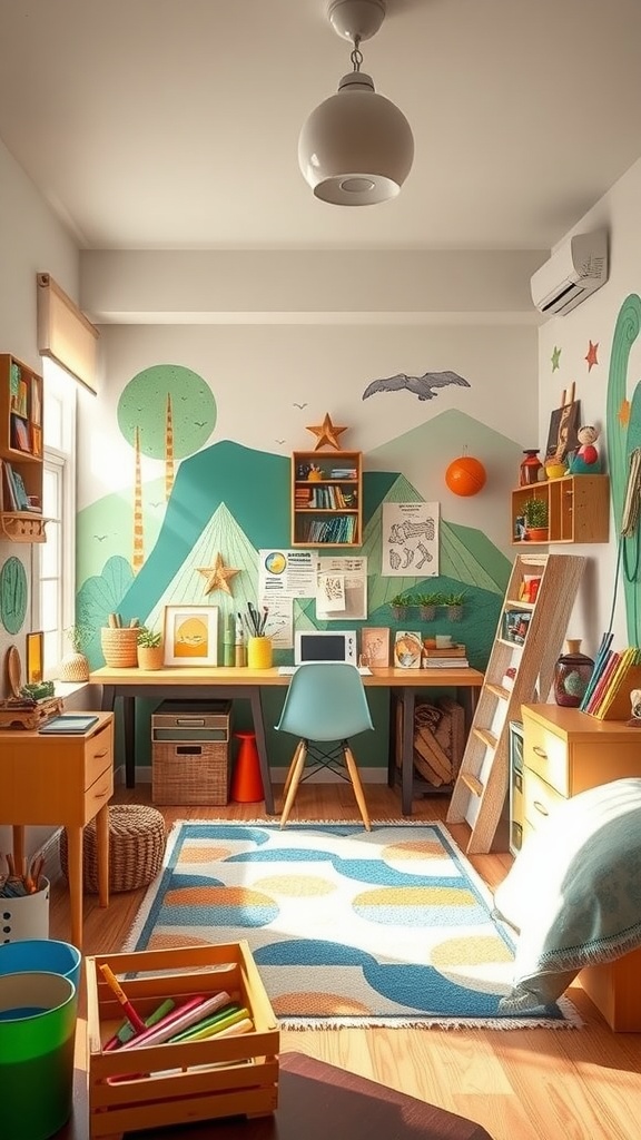 A colorful boys' bedroom featuring a creative workspace with playful wall art, organized desk, and vibrant decor.