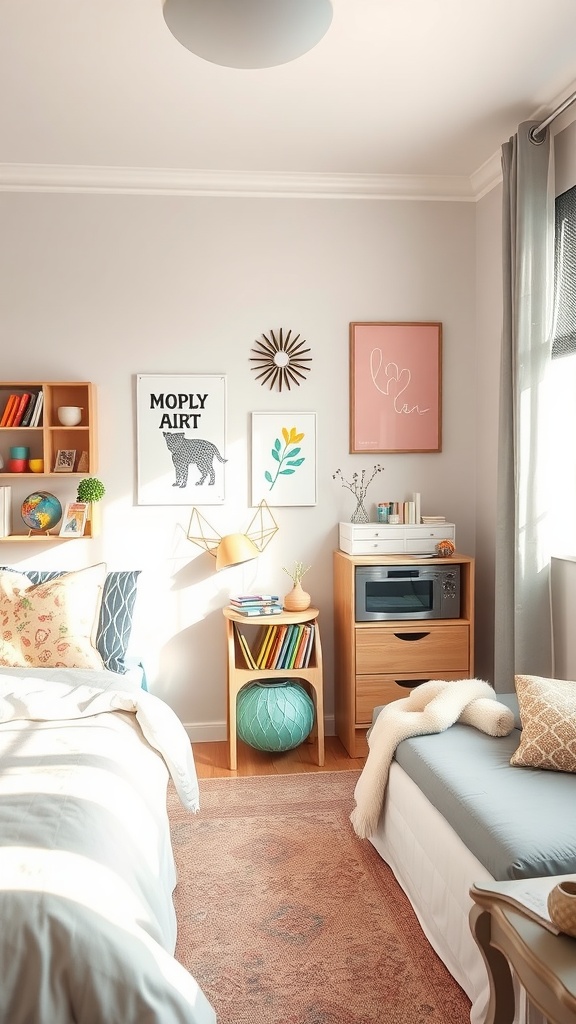 A well-decorated bedroom for school-age boys featuring art on the walls, a cozy reading nook, and organized storage.