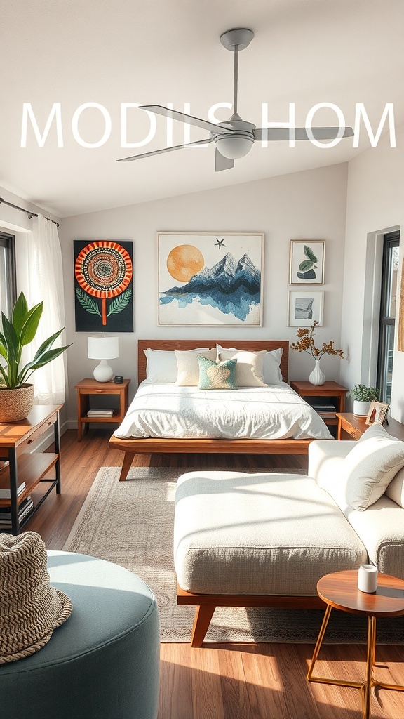 A stylish mobile home living room featuring wall art, a cozy sofa, and plants.