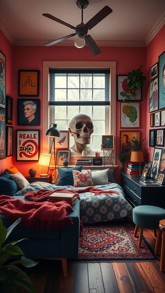 A vibrant and artistic bedroom featuring pink walls, eclectic artwork, and cozy seating.