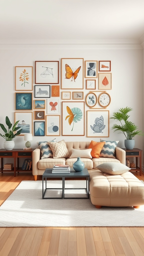 A cozy living room featuring a gallery wall with various framed artworks, a comfortable couch, and decorative plants.