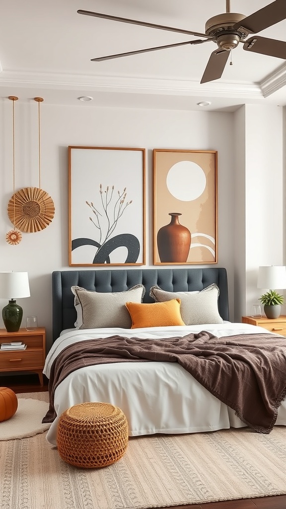 A stylish bedroom featuring wall art, a cozy bed, and warm decor elements.