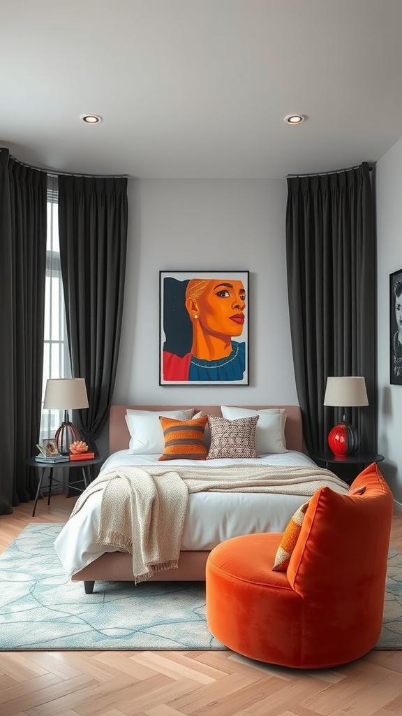 A stylish living room featuring black curtains, a colorful artwork, and an orange chair.