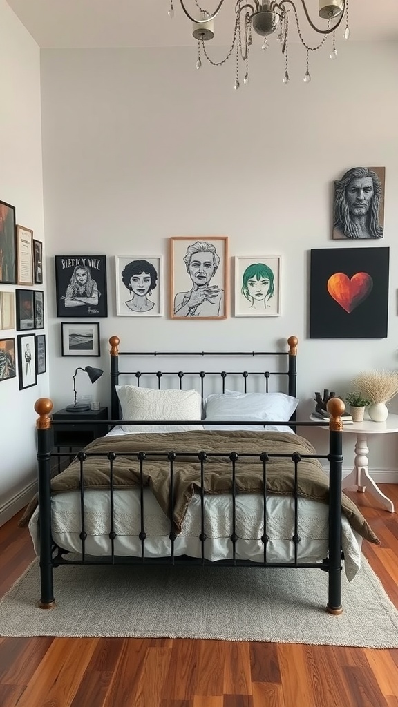 A stylish bedroom featuring a black metal bed frame, artistic wall decor, and cozy bedding.