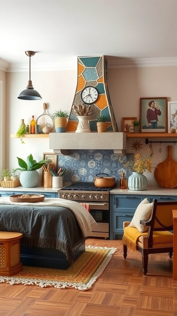A colorful custom chimney design in a kitchen with a mosaic pattern and decorative elements.