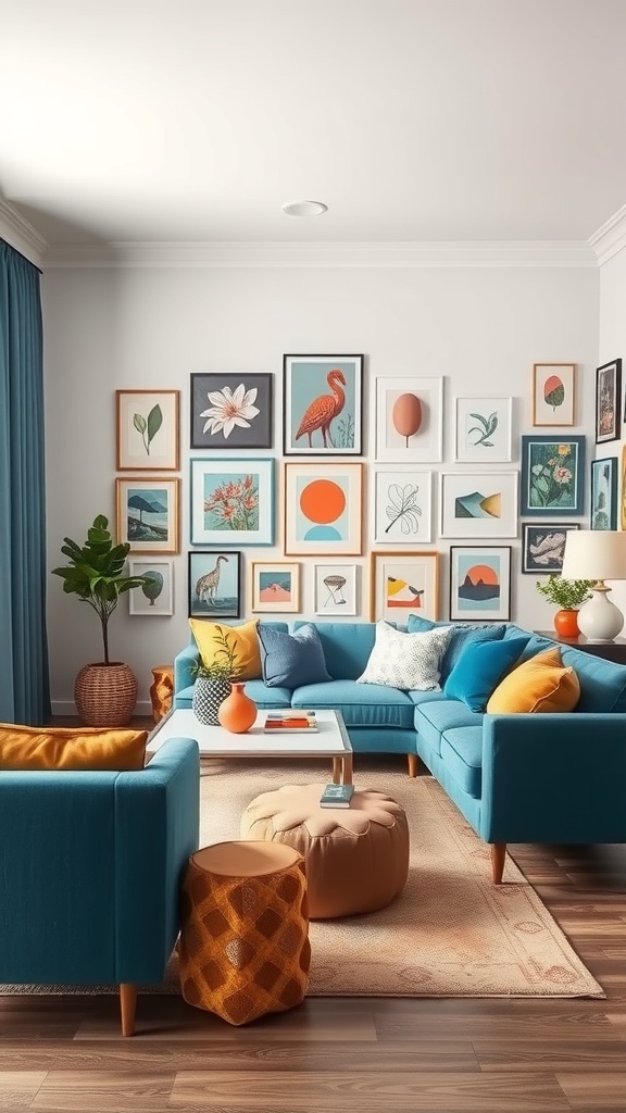 A living room featuring a blue sofa, colorful cushions, and a gallery wall filled with framed artwork.