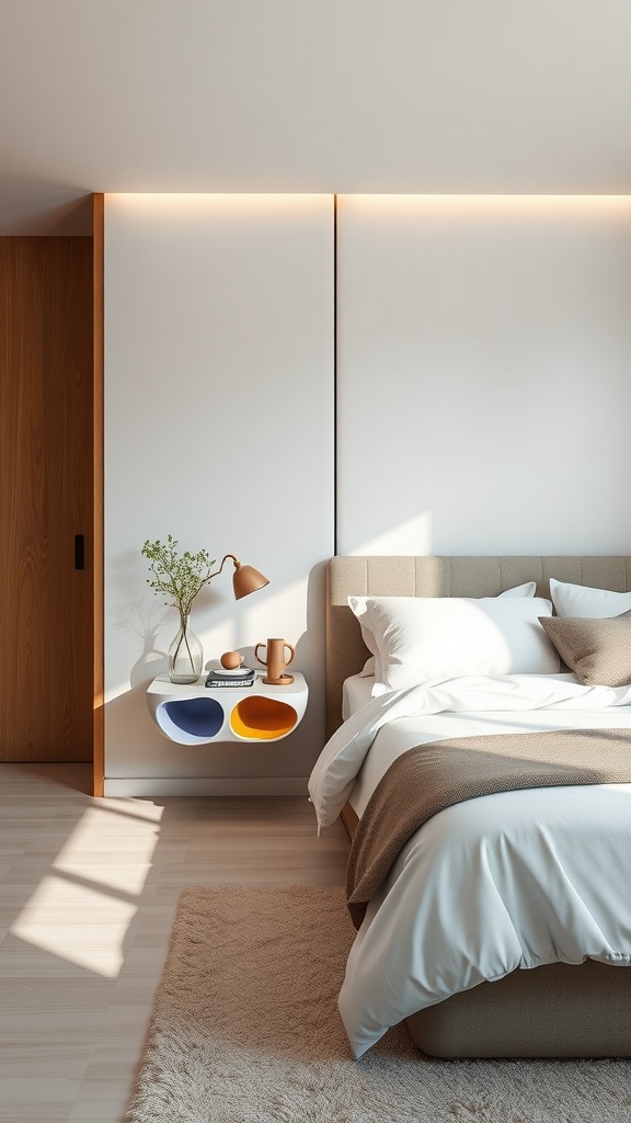 A modern floating nightstand with blue and orange accents, a lamp, and a vase with greenery next to a cozy bed.