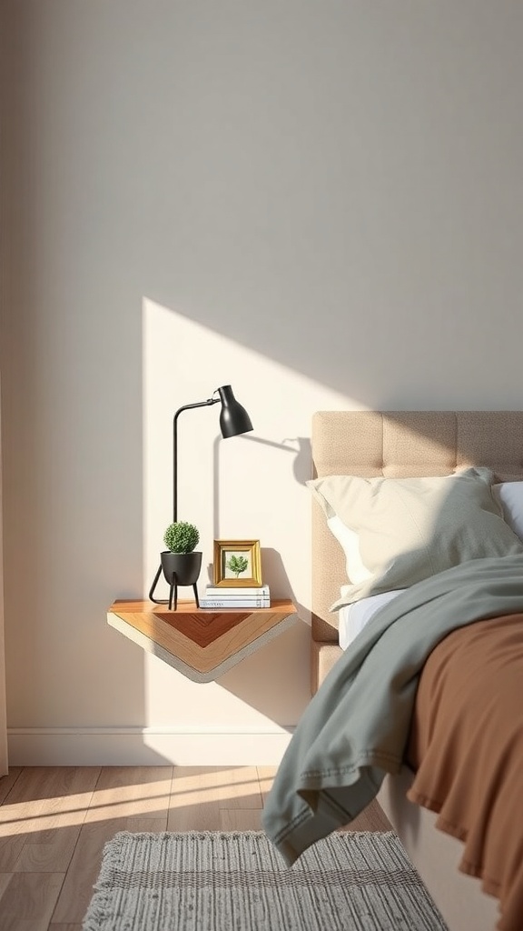 A unique floating nightstand with a modern design, featuring a black lamp, a small plant, and a framed picture.
