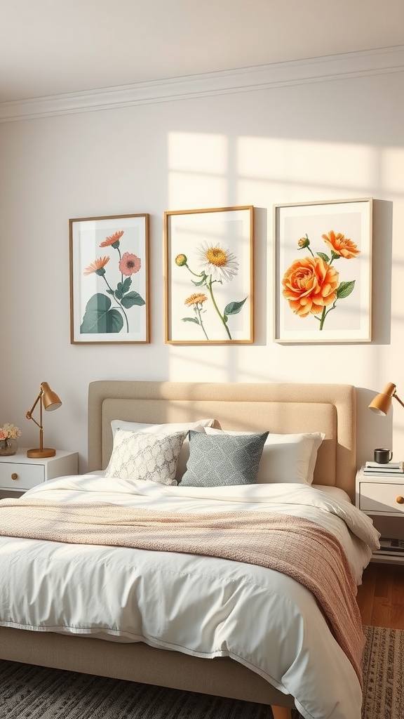 A cozy bedroom featuring three floral prints on the wall, a beige bed with white bedding, and warm lighting.