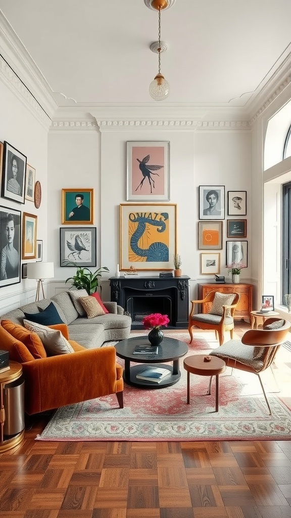 A cozy living room with a mix of artwork on the walls, colorful furniture, and a warm atmosphere.