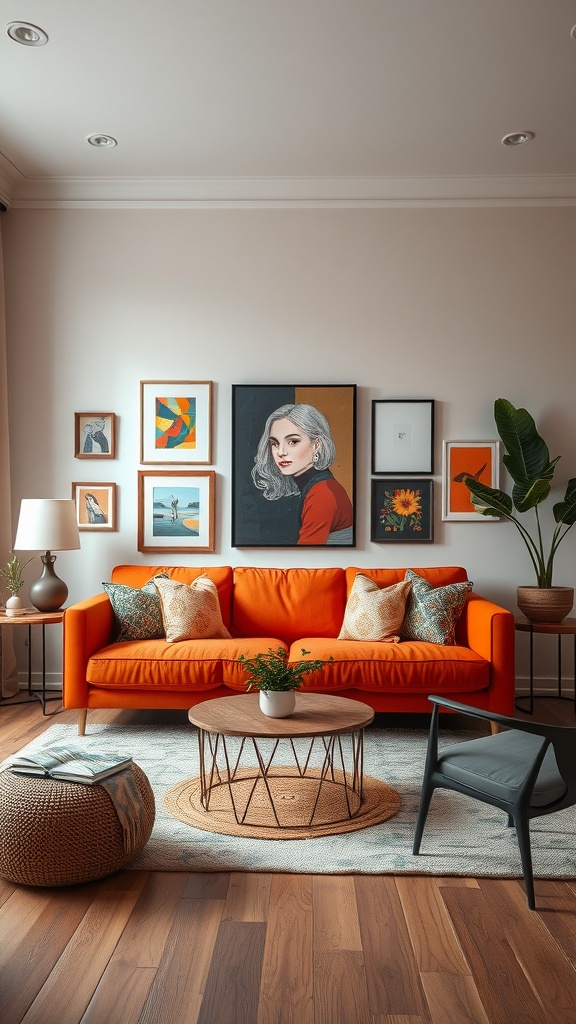 A vibrant orange sofa in a living room with framed artwork on the walls, a round coffee table, and decorative pillows.