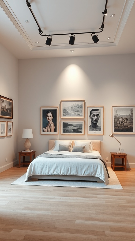 A modern bedroom featuring a bed and an artistic gallery wall with framed artworks.