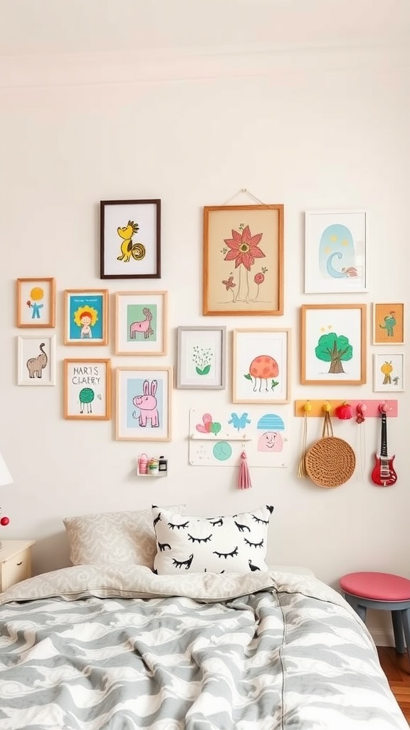 A colorful gallery wall in a kids' bedroom showcasing various framed artworks and illustrations.