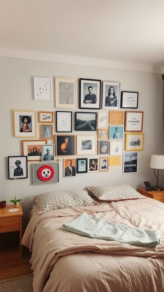 A bedroom with a gallery wall filled with framed art and photographs.