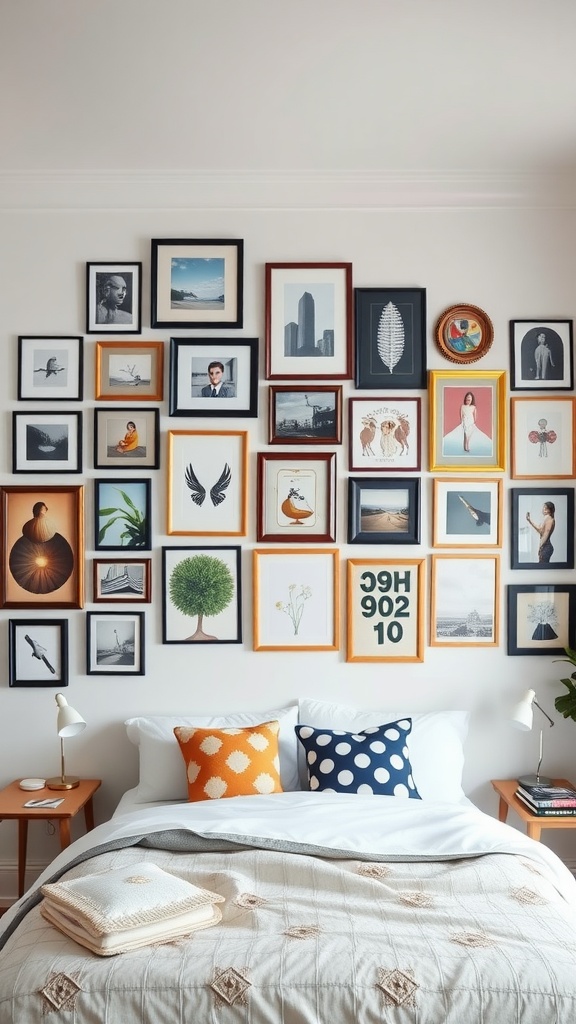 A well-arranged gallery wall featuring diverse framed art and photos above a cozy bed.