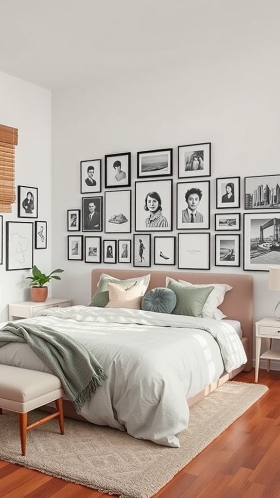 A bedroom featuring a gallery wall with black and white framed photos, a cozy bed with soft bedding, and a warm wooden floor.