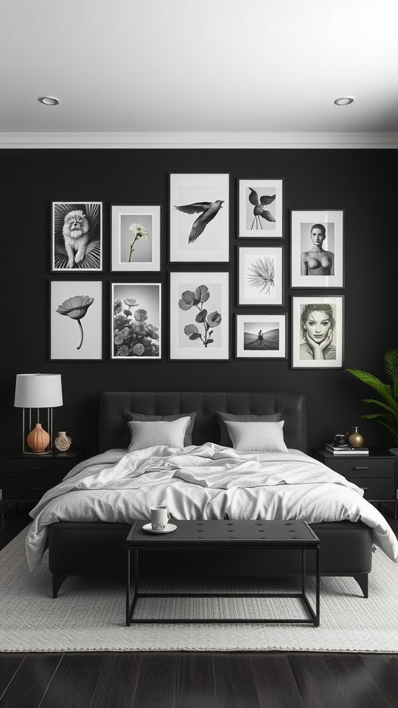 A black living room featuring an artistic gallery wall with various framed artworks.