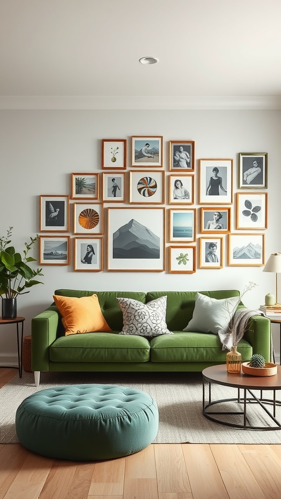 A green sofa with decorative pillows in front of a gallery wall filled with framed art pieces.