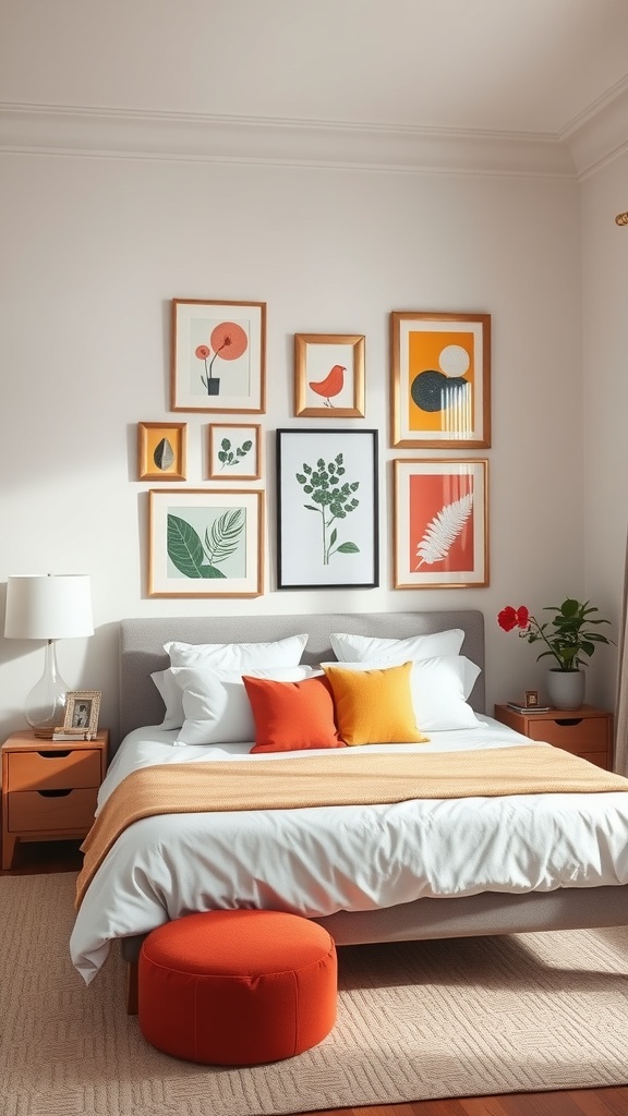 Aesthetic bedroom with an artistic gallery wall display featuring colorful framed artworks.