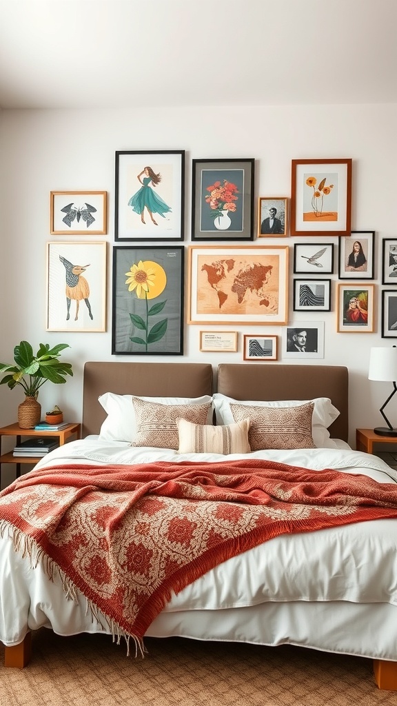 A bohemian bedroom featuring a gallery wall with various framed artworks and a cozy bed.