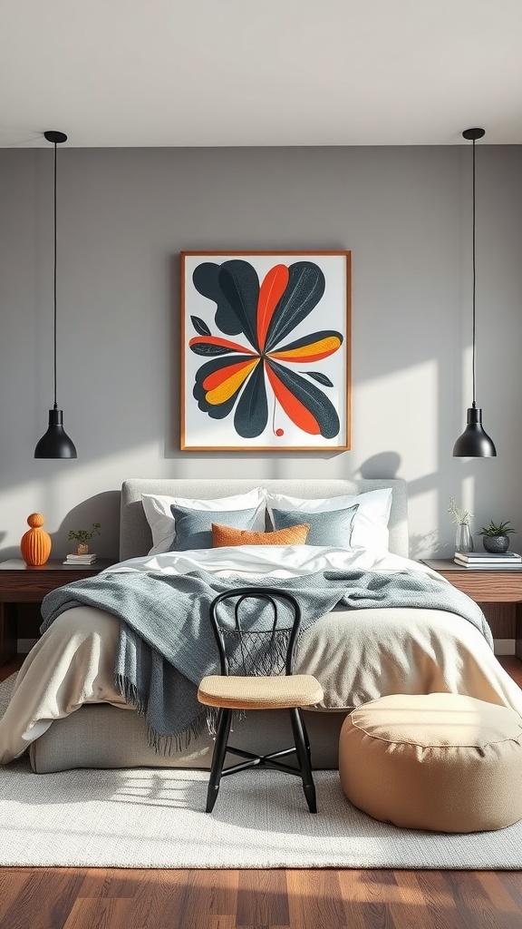 A stylish gray bedroom featuring a colorful statement wall art, cozy bedding, and modern lighting.
