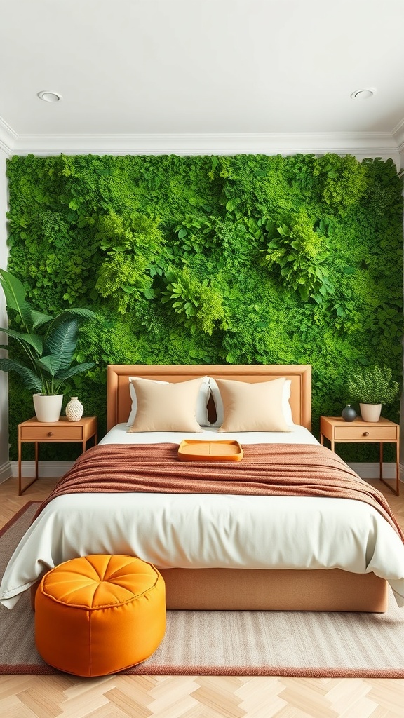 A bedroom featuring a green wall mural with various plants, a cozy bed with warm-toned bedding, and an orange pouf.