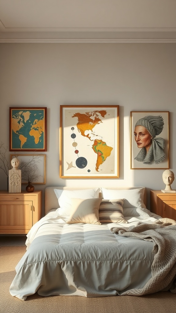 A serene greige bedroom featuring soft tones, artistic artwork, and natural wood elements.