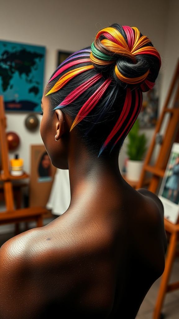 A hairstyle featuring a sleek bun with colorful streaks of red, yellow, green, and black.