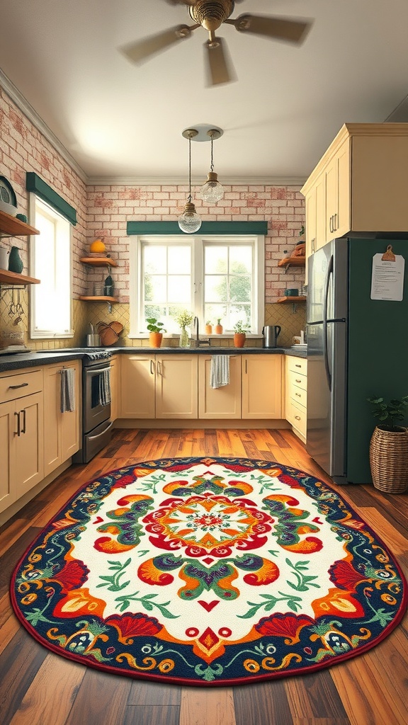 A colorful hand-painted rug in a bright kitchen with wooden flooring and modern appliances.