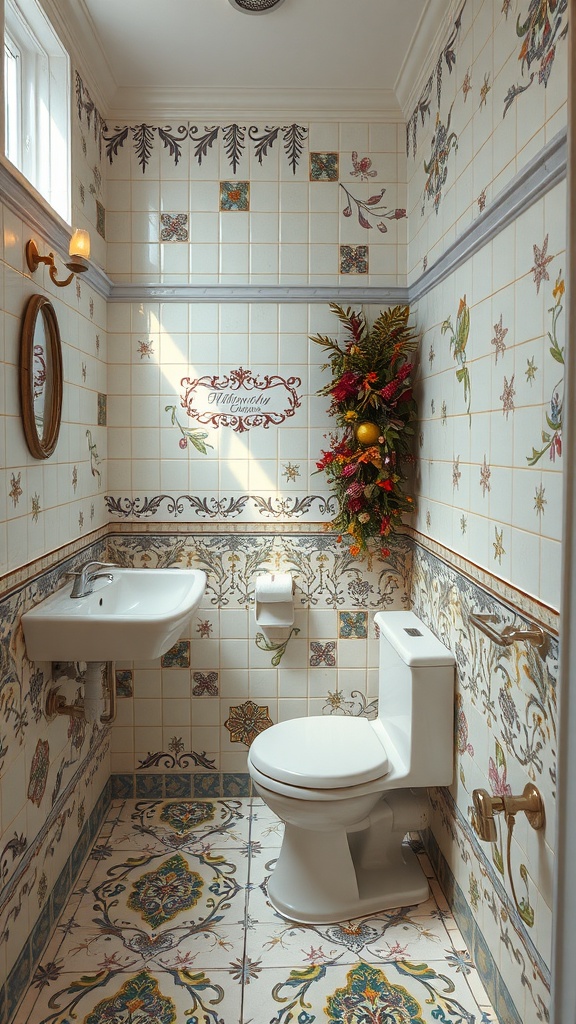 A bathroom featuring artistic hand-painted tiles with floral motifs and a small greenery decoration.