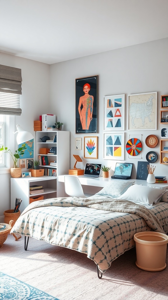 A bright teen bedroom featuring colorful artwork, a cozy bed, and a stylish workspace.
